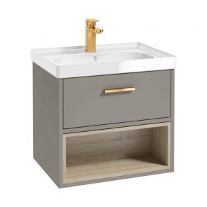 MALMO 60cm Single Drawer - Open Shelf Unit - Khaki - Brushed Gold Handle - Gloss Basin