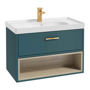 MALMO 80cm Single Drawer - Open Shelf Unit - Ocean Blue - Brushed Gold Handle - Matt Basin