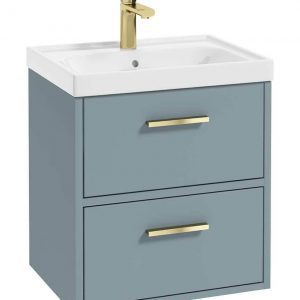 FINLAND 50cm Two Drawer Wall Hung Matt Coral Green Vanity Unit - Brushed Gold Handle