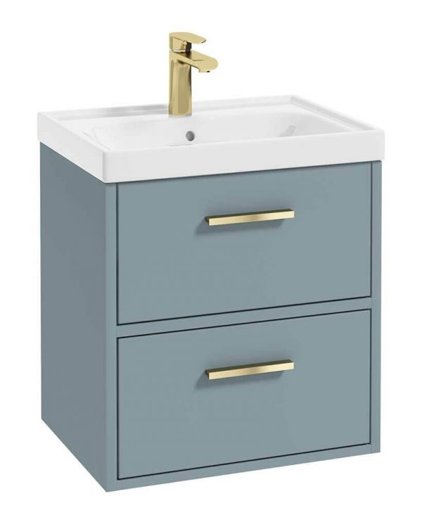 FINLAND 50cm Two Drawer Wall Hung Matt Coral Green Vanity Unit - Brushed Gold Handle