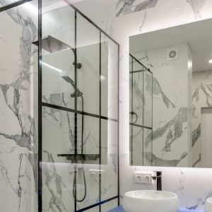 vertical shot of shower in bathroom